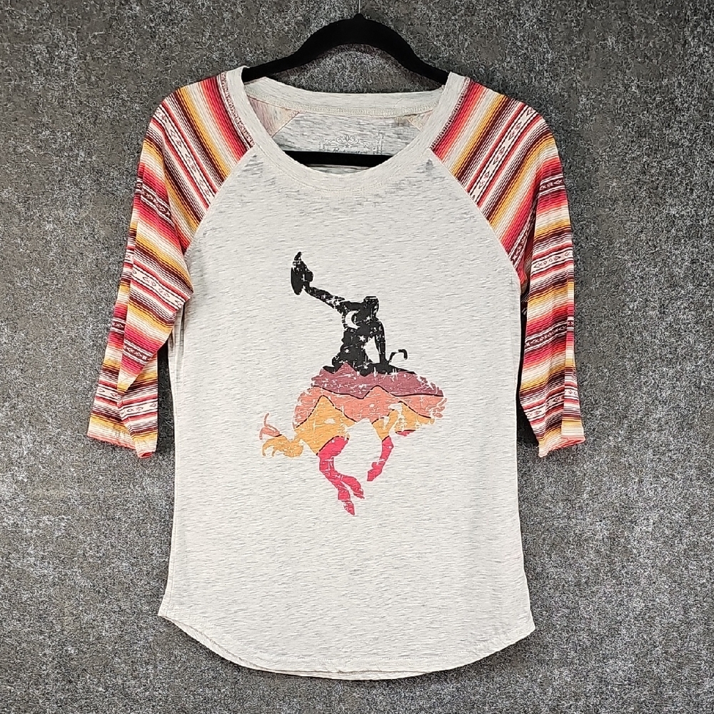 Panhandle Rodeo Cowboy Serape Print Tee, Orange Browns Cream Slub, Size Small